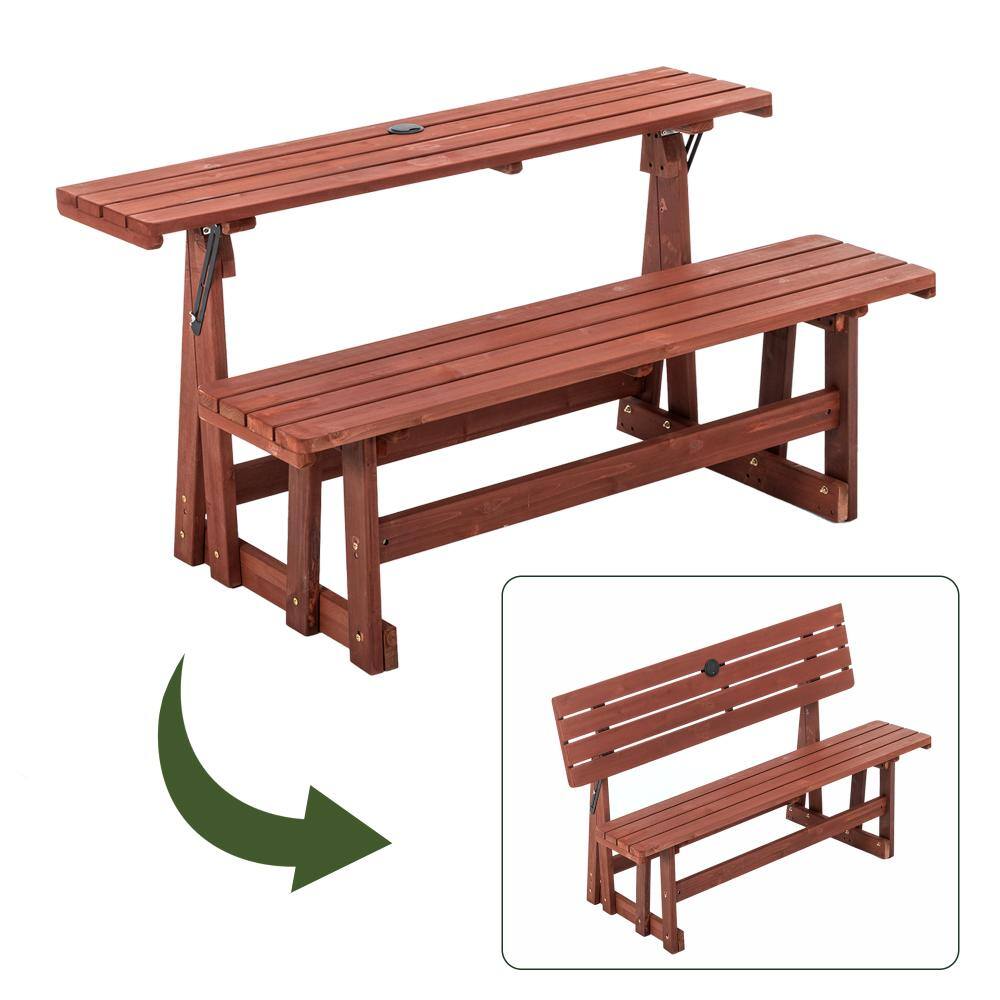2-in-1 Solid Wood Convertible Bench Picnic Table Outdoor Folding Dining Set with Backrest & Umbrella Hole Waterproof price history on PriceWatchPro