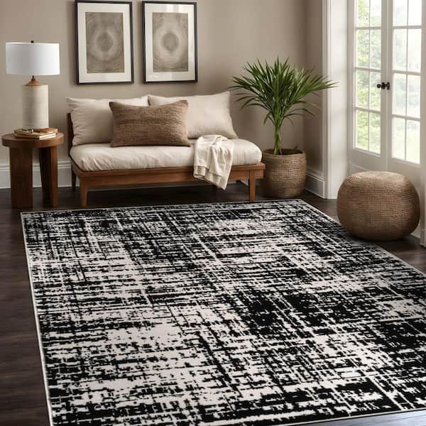 Atlas Black 5 ft. x 7 ft. Rubber Back Washable Modern Canvas Indoor Outdoor Area Rug