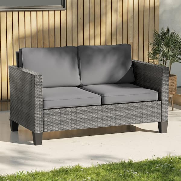 All-Weather Metal Frame Gray Wicker Outdoor Loveseat Patio Chaise Lounge with Gray Cushions