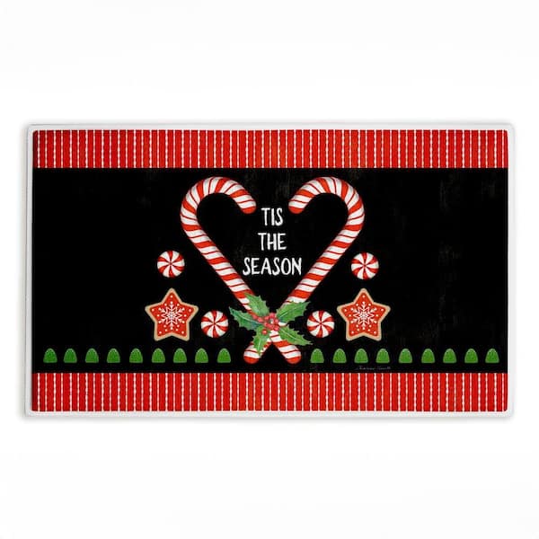 Tis The Season Candy Heart 18 in. x 30 in. Black Striped Polyester Blend Rectangle Bath Mat