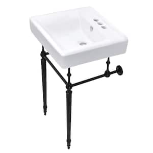 Edwardian Ceramic White Console Sink Basin and Leg Combo in Matte Black