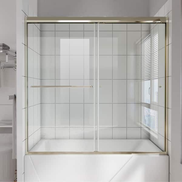 INSTER AIM 60 in. W x 58 in. H Sliding Tub Door in Brushed Nickel Frame with Clear Glass