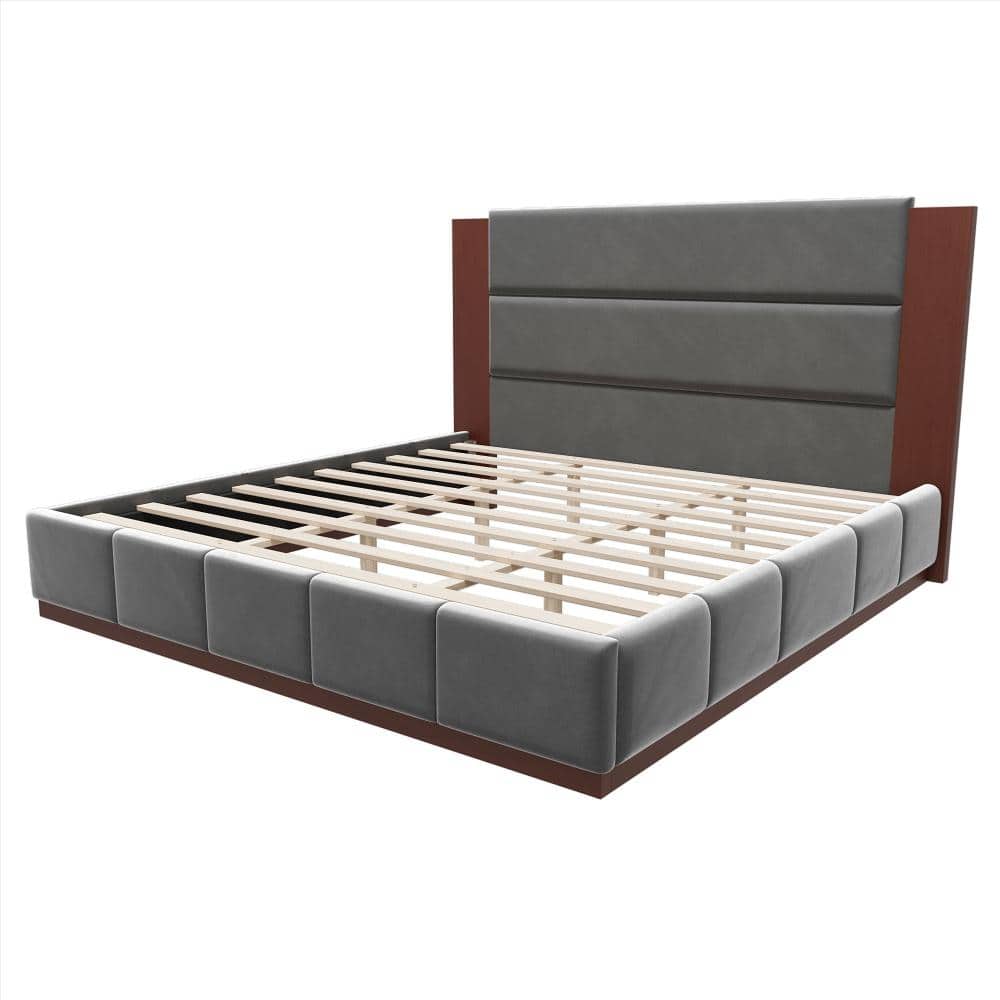 Grey Wood Frame King Platform Bed with Upholstered Velvet and Extended Wood Headboard, No Box Spring Needed price history on PriceWatchPro