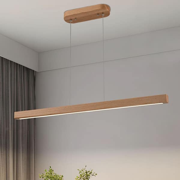 TinHon 39 in. 1-Light Wooden Linear Pendant Light Modern Adjustable Height LED Dining Room Light Fixture for Kitchen Wood Color