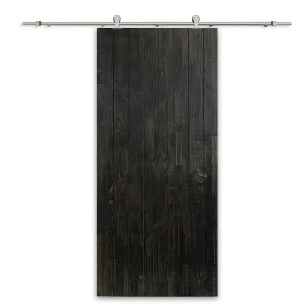 CALHOME 32 in. x 96 in. Charcoal Black Stained Pine Wood Modern Interior Sliding Barn Door with Hardware Kit