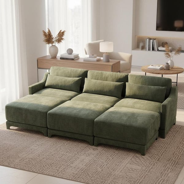XSSZMY 105.9 in. Straight Arm 6-Piece Chenille Modular Sectional Sofa w/Comfort, 3-Seater, 3 Ottomans in Forest Green