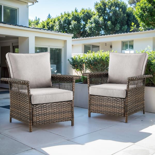 Brown Wicker Outdoor Lounge Chair, PE Rattan Armchair with Beige Cushions for Patio Backyard Porch (2-Pack)