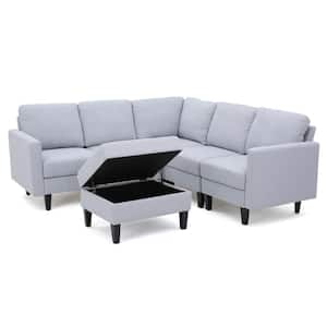 Zahra 21 in. Square Arm 6-Piece Polyester L-Shaped Sectional Sofa in Light Gray with Storage