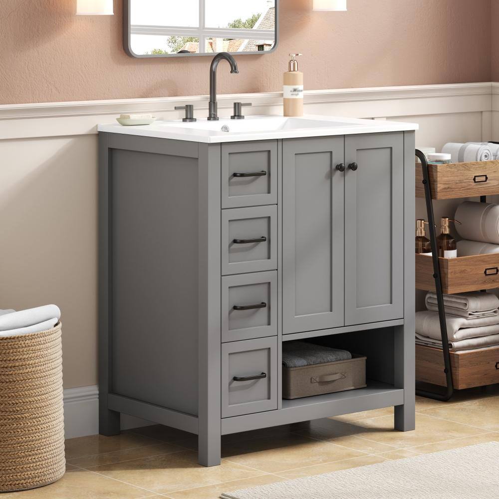 30 in.Single Sink Gray Freestanding Bathroom Vanity,White Ceramic Top,2 Soft-Close Doors,2 Drawers,Open Shelf price history on PriceWatchPro