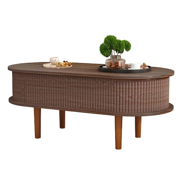 48 in. Walnut Oval MDF Coffee Table with Lift Top and Hidden Storage Compartment durable construction