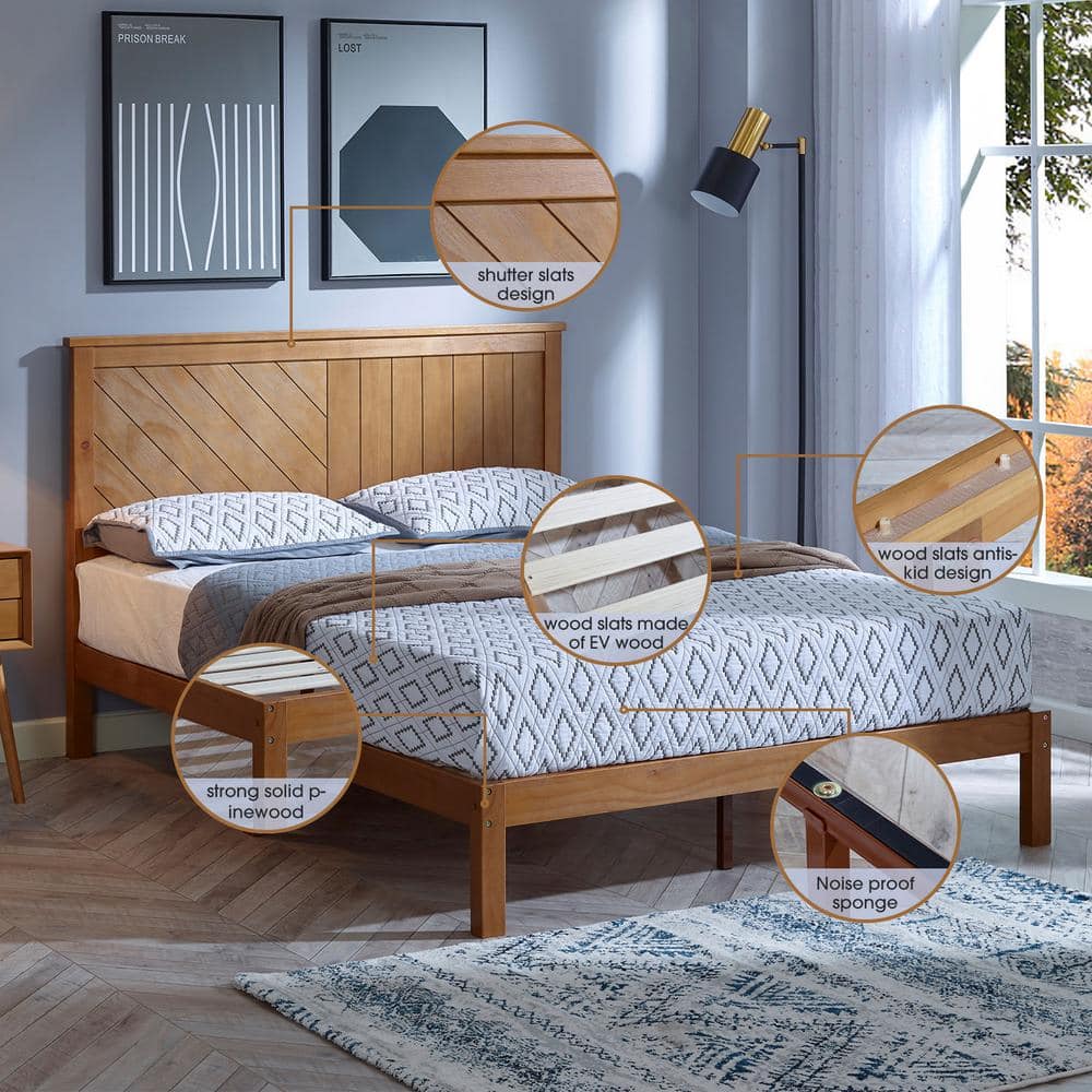 Rustic Pine Finish Solid Wood Queen Platform Bed with Headboard