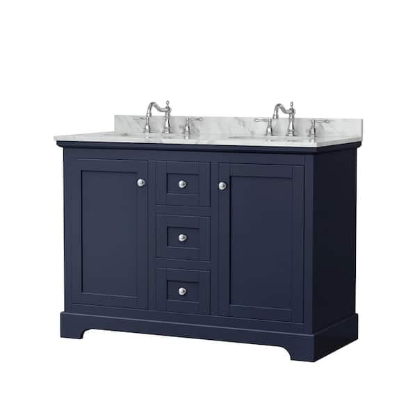 Wyndham Collection Avery 48 in. W x 22 in. D x 35 in. H Double Bath Vanity in Dark Blue with White Carrara Marble Top
