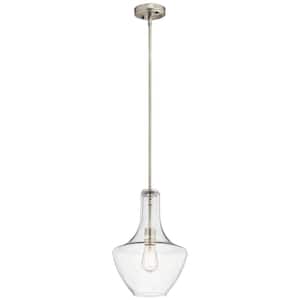 Everly 15.25 in. 1-Light Brushed Nickel Transitional Shaded Kitchen Bell Pendant Hanging Light with Clear Seeded Glass