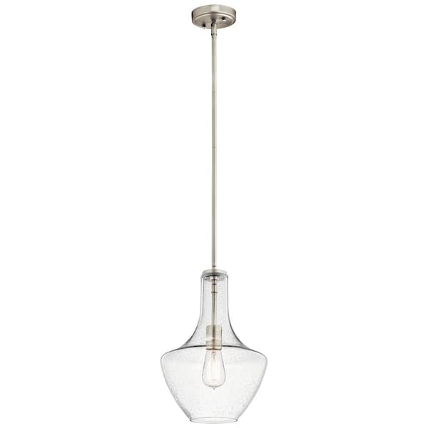 Everly 15.25 in. 1-Light Brushed Nickel Transitional Shaded Kitchen Bell Pendant Hanging Light with Clear Seeded Glass