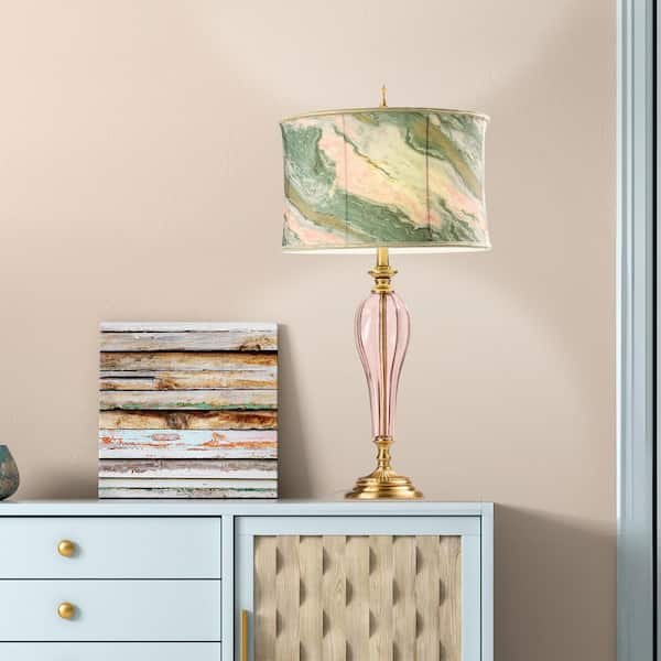 Nicolette 33 in. Pink/Gold Geometric Table Lamp with Pink/Green Fabric Shade