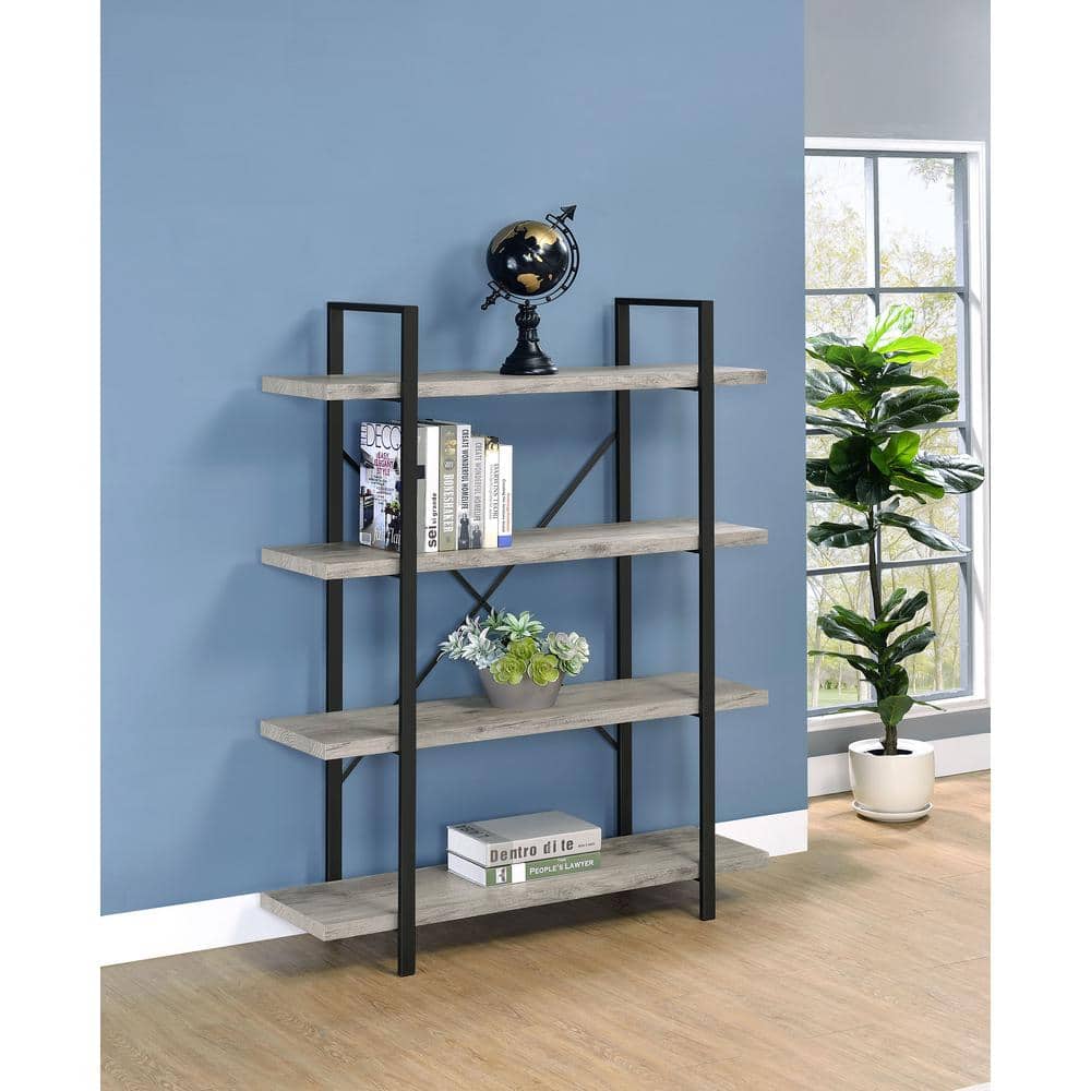 Pearl Silver 55" Transitional 4-Shelf Bookcase with Cross-Back Design