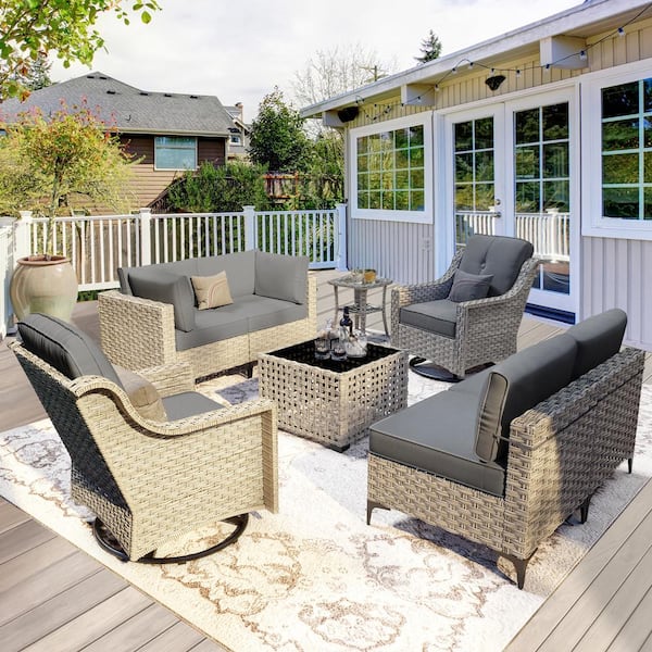 OVIOS Supery Gray 8-Piece Wicker Patio Conversation Set with Dark Gray Cushions and Swivel Rocking Chairs