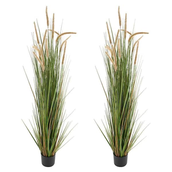 Artificial Grass Plant, 2 Pack 59 in. Horsetail Reed Grass in Pot, Premium PVC Faux Fake Greenery Shrubs Plant, Green