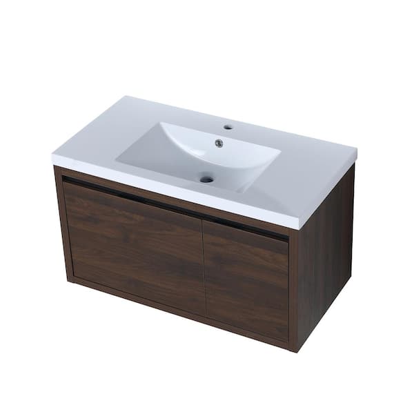 JimsMaison 36 in. W x 18. in D. x 20 in. H Bathroom Vanity in California Walnut with White Resin Top and Basin