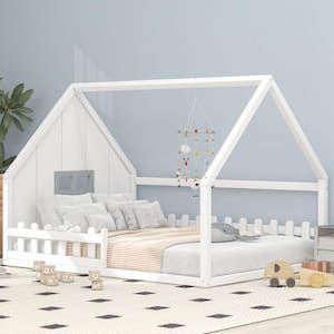 White Full Size Wood House Platform Bed with Window and Fence