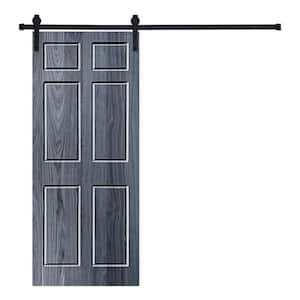 6-Panel Designed 96 in. x 32 in. Wood Panel Icy Gray Painted Sliding Barn Door with Hardware Kit