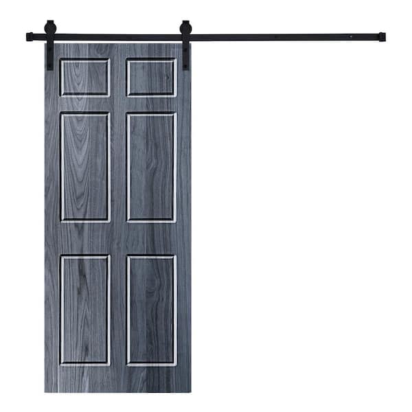 AIOPOP HOME 6-Panel Designed 96 in. x 32 in. Wood Panel Icy Gray Painted Sliding Barn Door with Hardware Kit