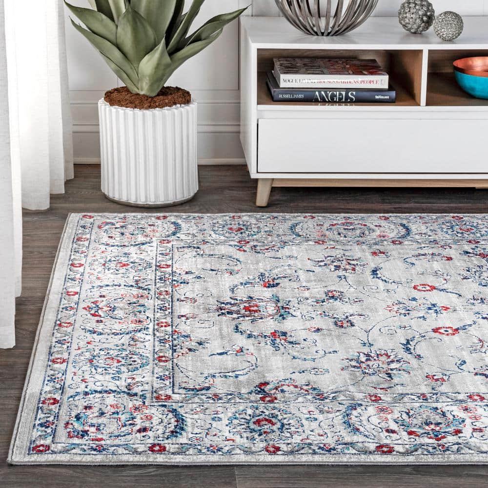 Elegant Light Grey & Red Vintage Synthetic Area Rug 8' x 10'