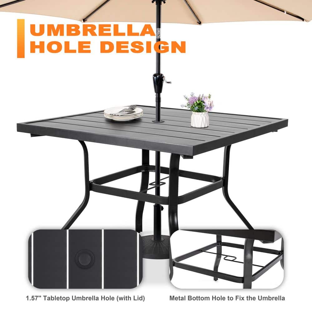 Black Iron 5-Piece Square Outdoor Dining Set with Umbrella Hole