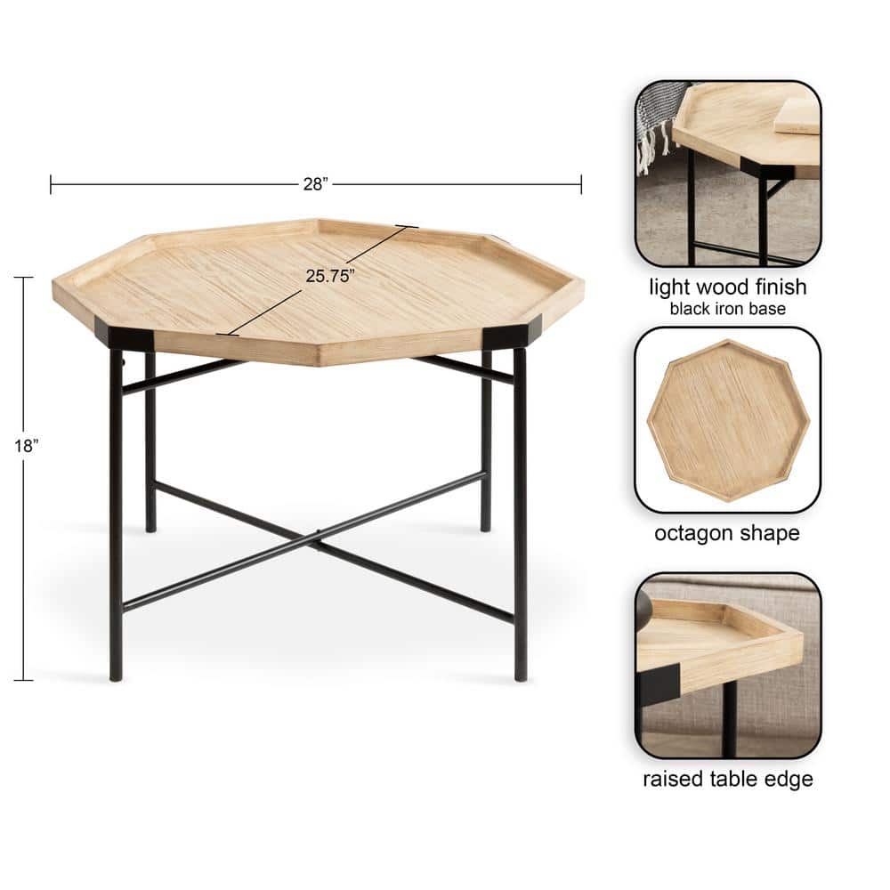 Natural Octagon Wood and Metal Coffee Table, 28x26x18