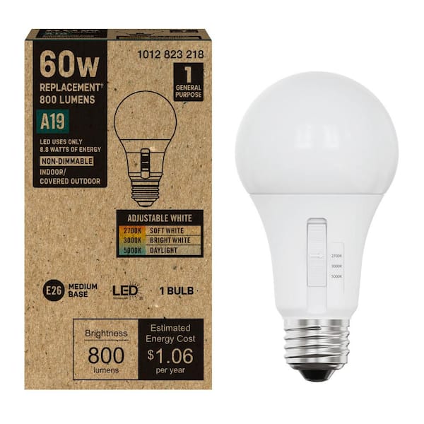 60-Watt Equivalent A19 E26 Base Non-Dimmable CEC LED Light Bulb with Selectable Color Temperature (1-Pack)