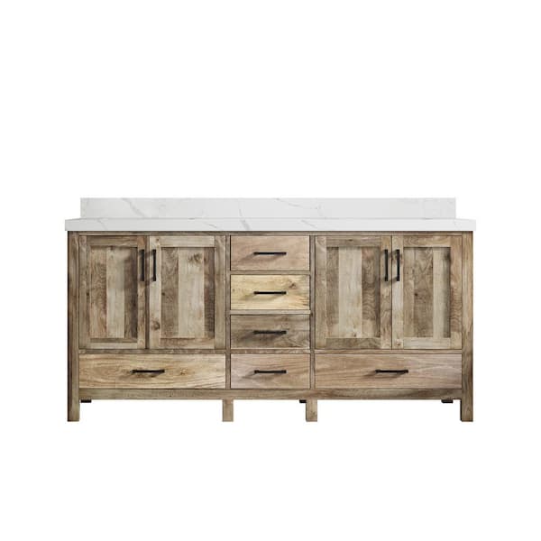 Willow Collections Malibu Mango 72 in.W x 22 in.D x 36 in. H Double Sink Bath Vanity in Natural with 2 in. Calacatta Quartz Top