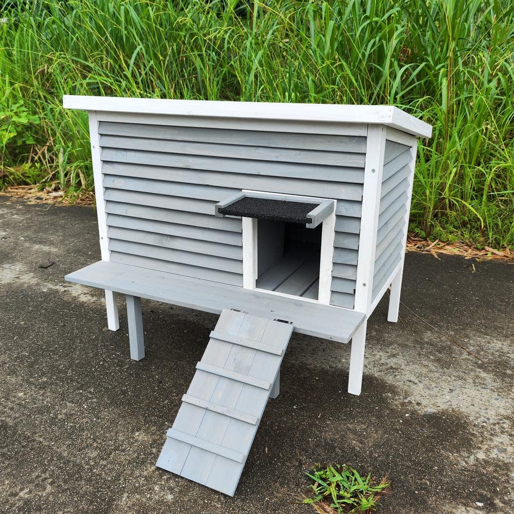 Gray and White Wooden Outdoor Cat House with Escape Door