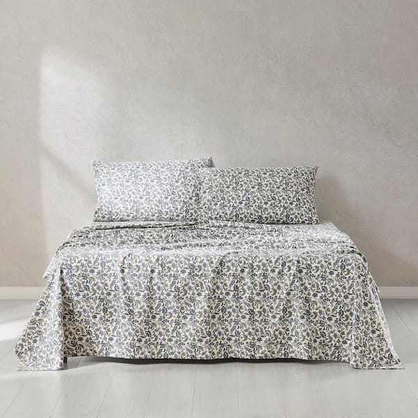 Lillian Block Print Cotton 4-Piece Set Blue Floral Cotton Full Sheet Set