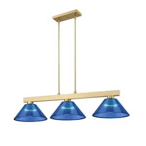 Cobalt 3-Light Modern Gold Billiard Light with Dark Blue Plastic Shades