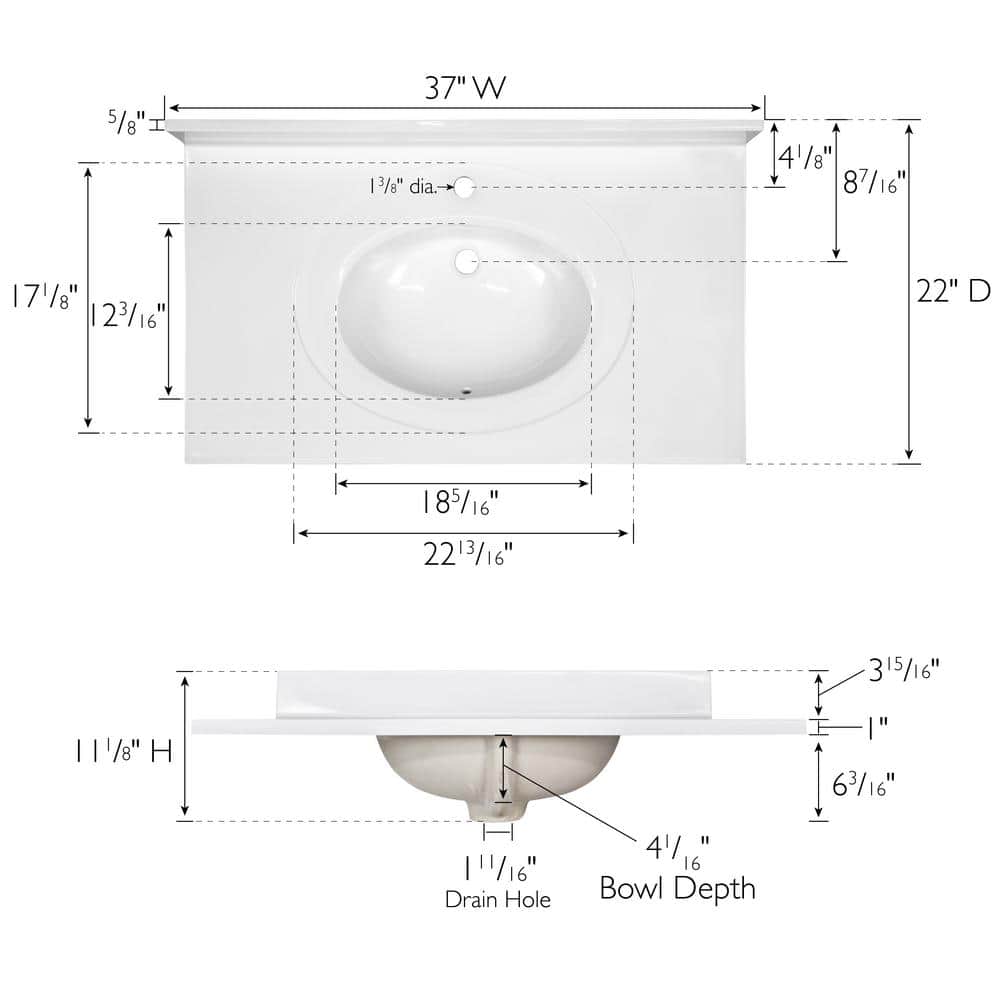 Solid White 37-Inch Cultured Marble Vanity Top with Integrated Backsplash