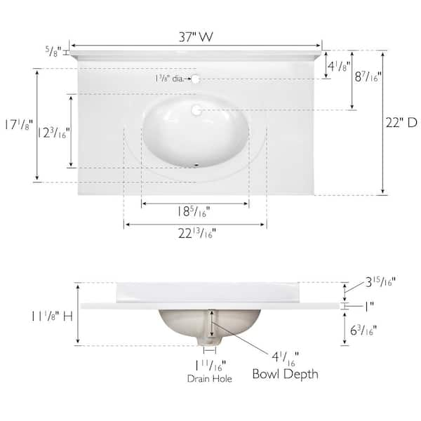 37 in. x 22 in. Single Faucet Hole Cultured Marble Vanity Top in Solid White with Solid White Basin