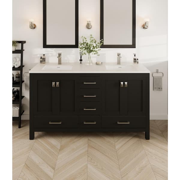 Eviva London 60 in. W x 18 in. D x 34 in. H Double Bathroom Vanity in Espresso with White Carrara Marble Top with White Sinks
