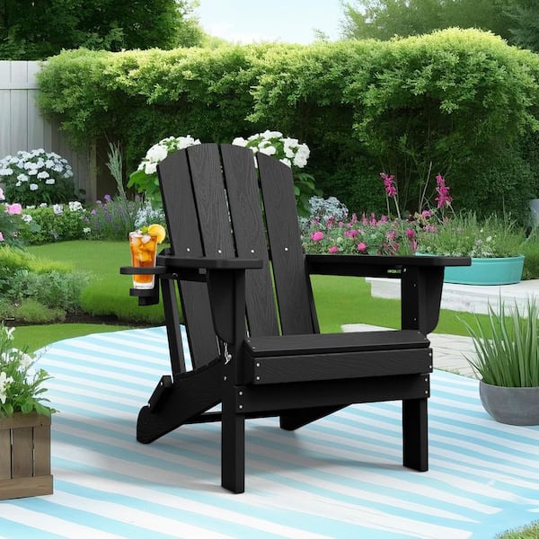 Classic Black Folding Plastic Adirondack Chairs with 2-Cup Holders-Weather Resistant Patio Outdoor Chair (Set of 1)