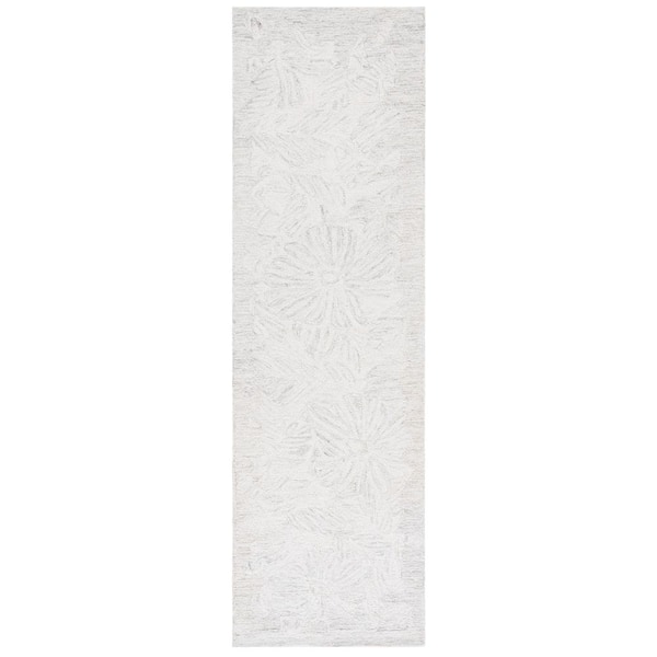Pine 2 ft. x 8 ft. Light Gray/Ivory Floral Solid Color Runner Rug