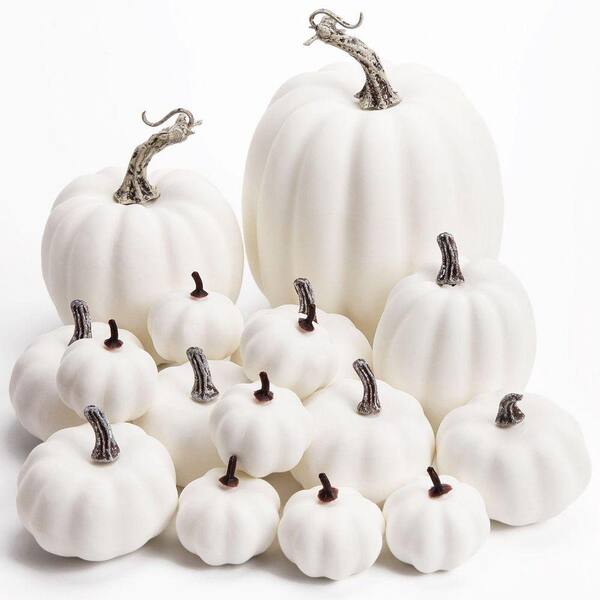 16 Piece 5.5 in. White Artificial Plant Faux Pumpkin Set for Fall