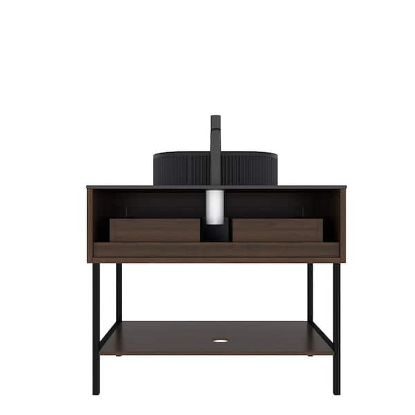 36in. Freestanding Single Sink Walnut Bath Vanity with Black Sintered Stone Top