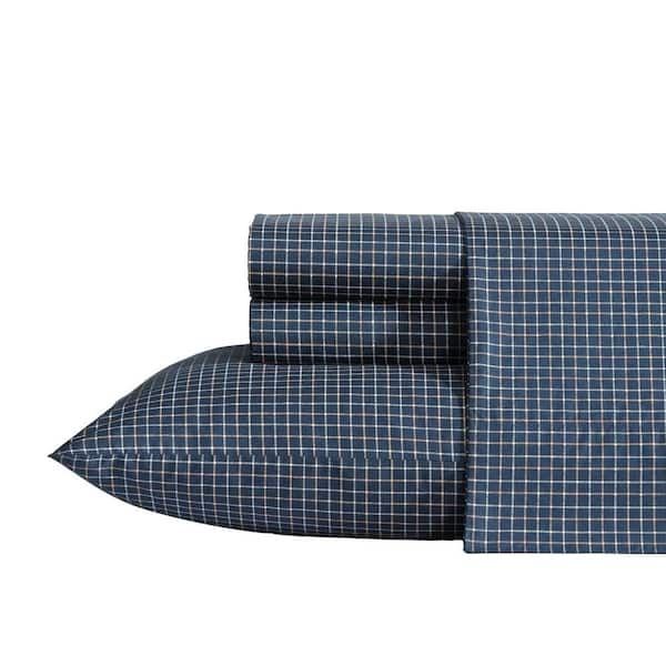 Reece Plaid 4-Piece Navy/Beige 100% Cotton Queen Sheet Set