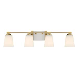 Darby 34 in. 4-Light Warm Brass Vanity Light with White Opal Glass Shades