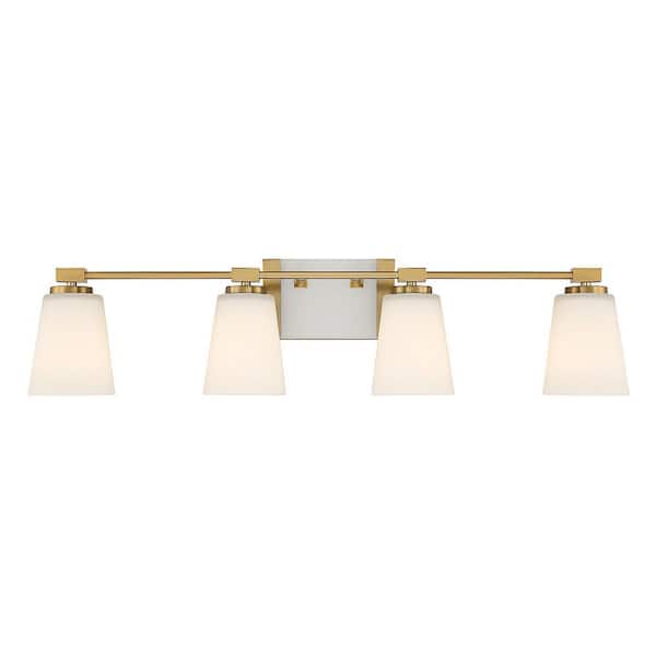 Savoy House Darby 34 in. 4-Light Warm Brass Vanity Light with White Opal Glass Shades