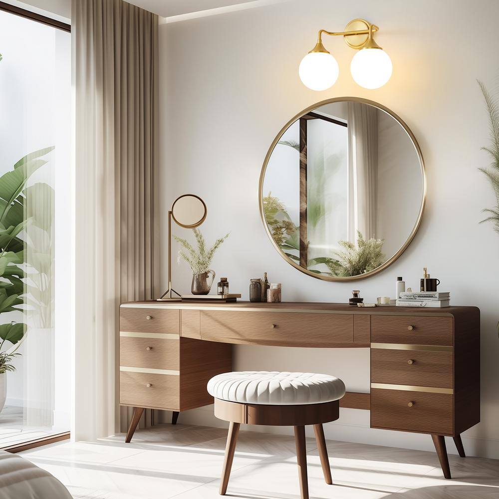 14.17" Gold Vanity Light with White Glass Globe Shades