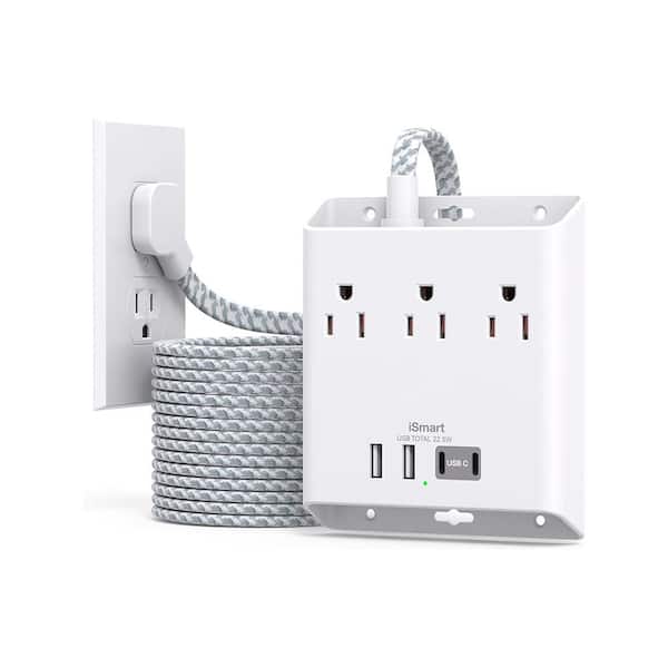 Lukyamzn 10 ft. Flat Plug Extension Cord Power Strip 3-Outlets No Surge Protection in White with 2 USB and 2 Type C Ports