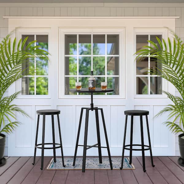 Glitzhome Pub Table Set - Modern Adjustable Round Bar Table with Black Oak Veneer Top and Round Black Steel Bar Stools (Set of 3 )