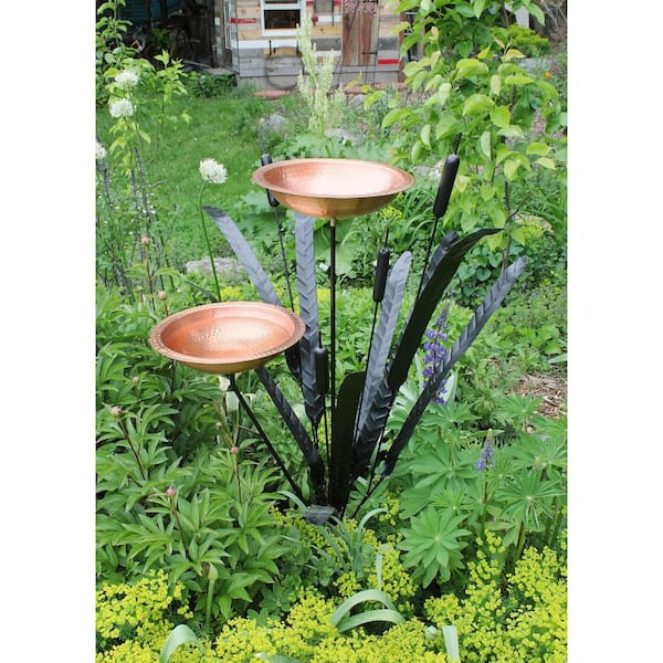 Double Cattail Birdbath With 2 Bowls and Stake 50 in. Tall Copper