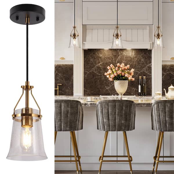 LNC Auisre Modern 1-Light Black and Plated Brass Mini Island Pendant Light with Bell Seeded Glass Shade, LED Compatible