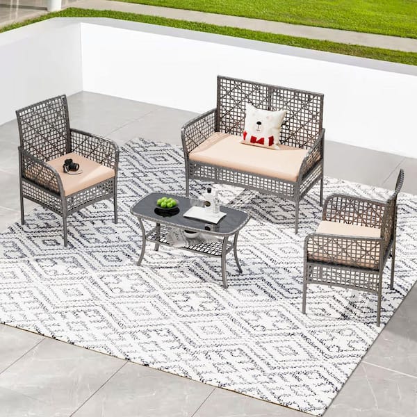 Unbranded 4-Piece Wicker Patio Conversation Set Outdoor Sectional Set Patio Seating Set with Beige Cushions